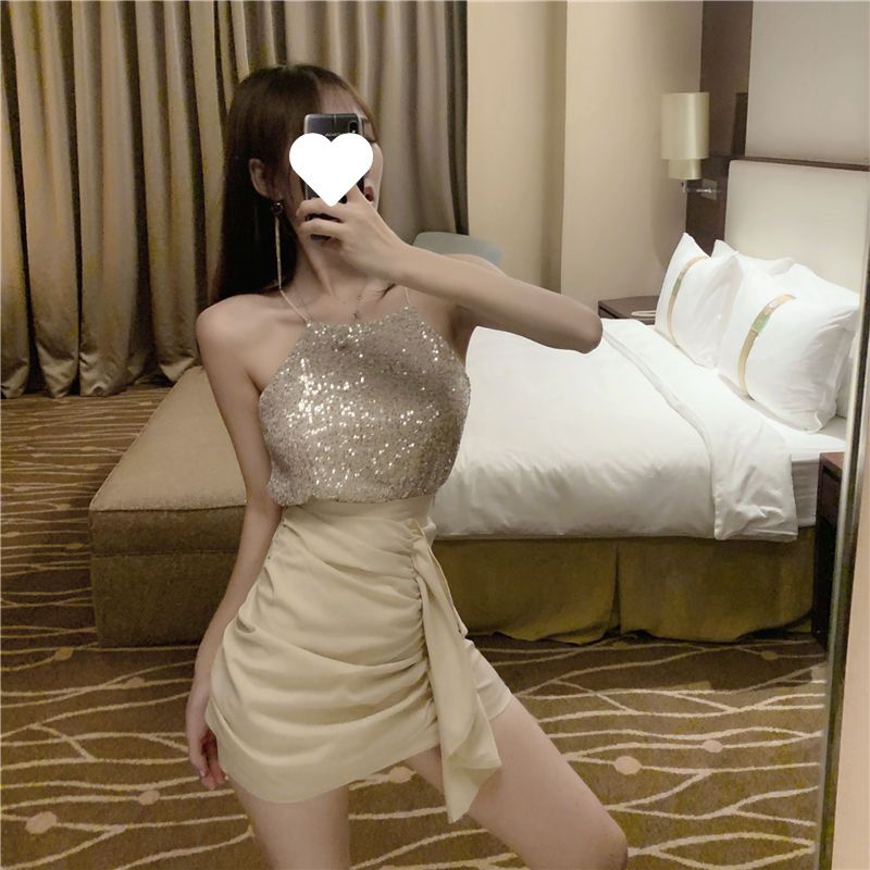 Pure Desire Hot Girl Sexy Outfit's Summer Fashion Internet Celebrity Sequin Camisole Top + High Waist A-line Skirt_voghion.com