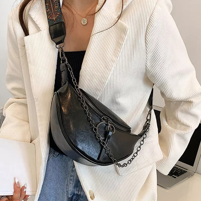Muoti satulavyötärö vyölaukku nahkainen naisten vyölaukut ketju käsilaukku kukkaro nainen retro olkapää crossbody rintalaukku_voghion.com