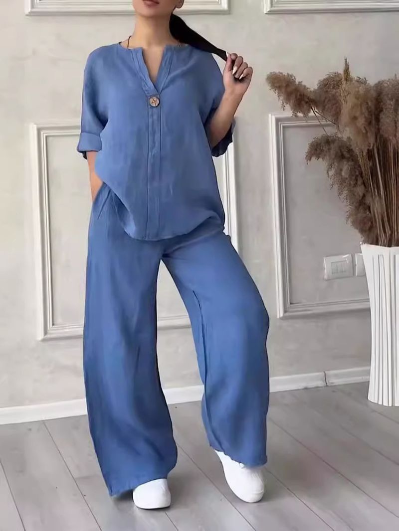 Ženska oblačila Moda Udobni ohlapni vrhovi Široke hlače Casual Bombažna lanena obleka_voghion.com
