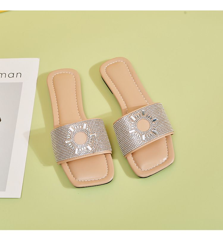 Dame Store Tøfler Sommer Nyt Overtøj Headed Water Diamond Firkantet Spænde Flad Hæl Strand Cool Sko_voghion.com