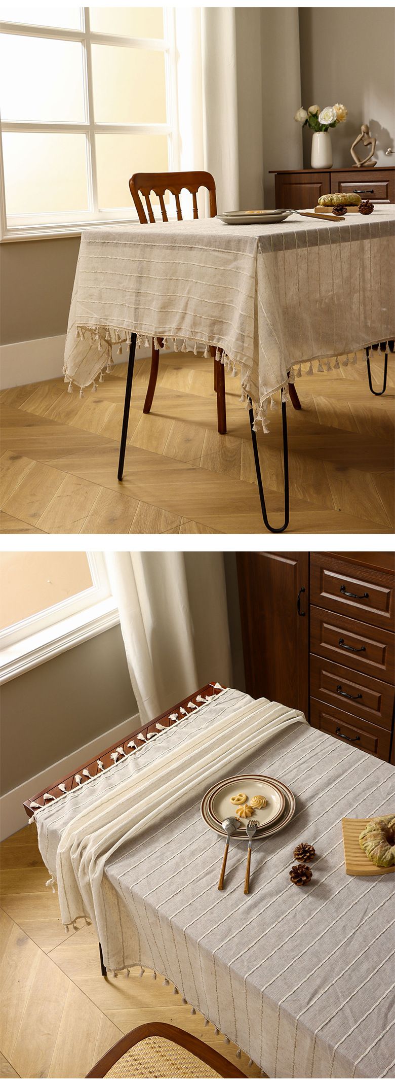 Tischdecke aus 100 % Leinen – Moderne, gestreifte, rechteckige Tischdecke für Ess- und Schreibtisch, 140 × 220 cm, natürlicher Stoff zum Staubschutz, minimalistische Wohndekoration_voghion.com