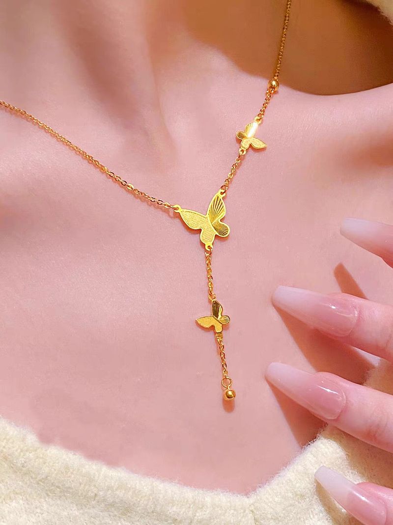 Golden That Does Not Fade, Female Niche High-end Feeling, Titanium Steel Lock Bone Chain, Butterfly Tassel Necklace_voghion.com