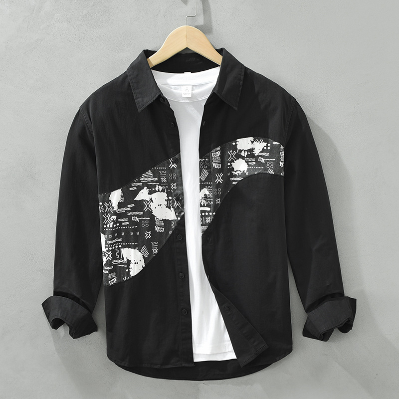 6732 Camicie a maniche lunghe da uomo in stile retrò giapponese, con stampe alla moda, cuciture, top casual larghi, una generazione._voghion.com