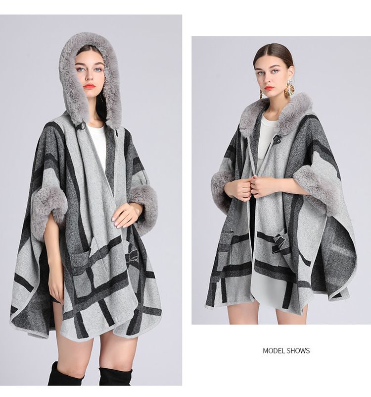 Wollkragen Kapuzenumhang Dame Jacquard Wollmantel Strickjacke Dame_voghion.com