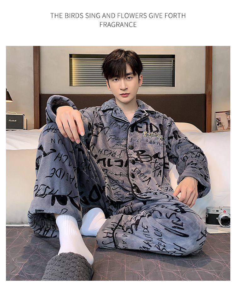 Men's sleepwear, men's with thick coral fleece, autumn and winter 2024 flannel home suit set_voghion.com