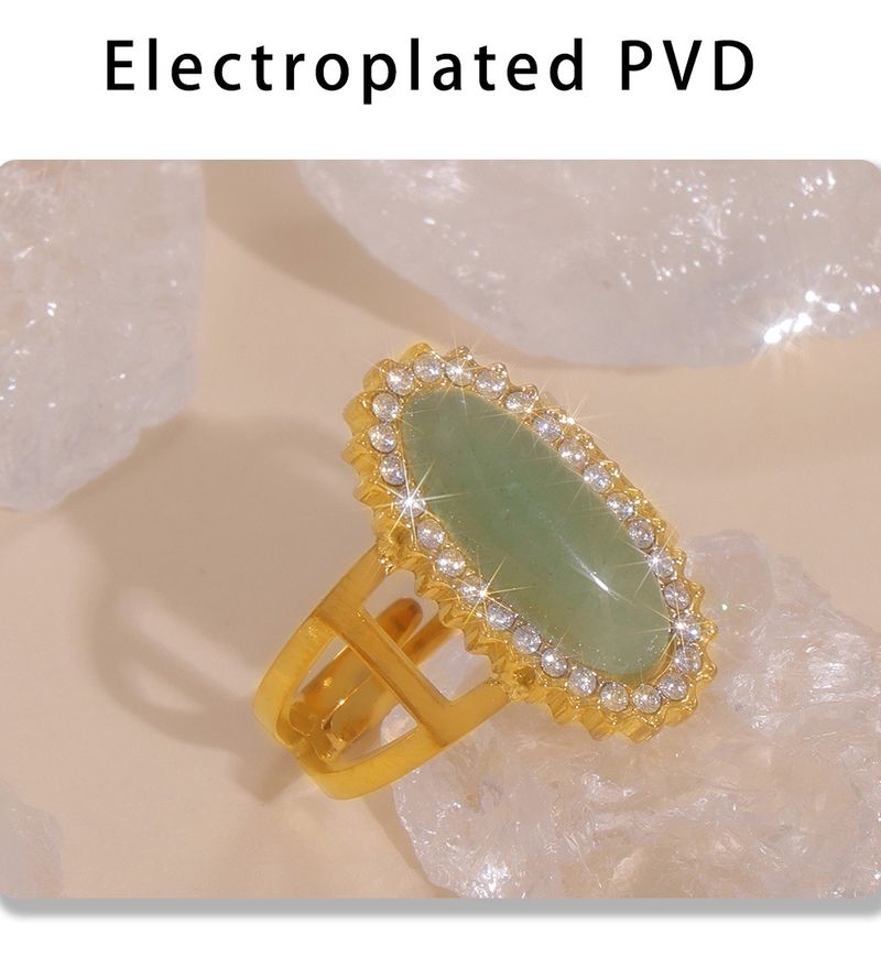Anello aperto in pietra naturale intarsiata con zircone 3A in acciaio al titanio 316 placcato oro regolabile_voghion.com