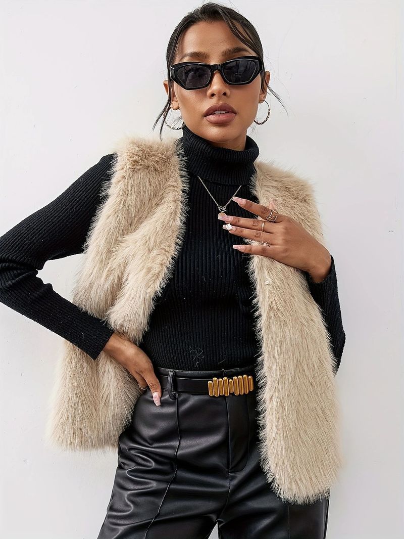 Women's Clothing Women's Solid Faux Fur Vest Sleeveless Winter Coat Non-Stretch Button Front Vest W0125_voghion.com