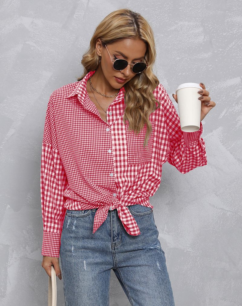 Damen Top Revers Plaid Farblich passendes lockeres Freizeithemd_voghion.com