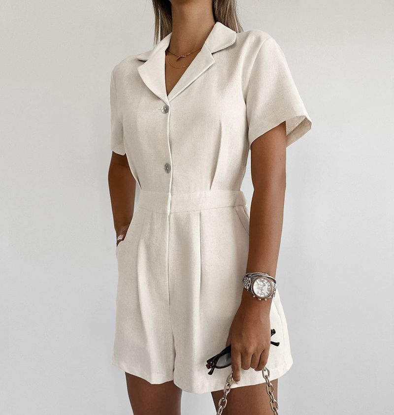 Khaki Linen Waist-cinching Wide-leg Jumpsuit For Women, Commuting Professional Short-sleeve Jumpsuit, Autumn Women's_voghion.com