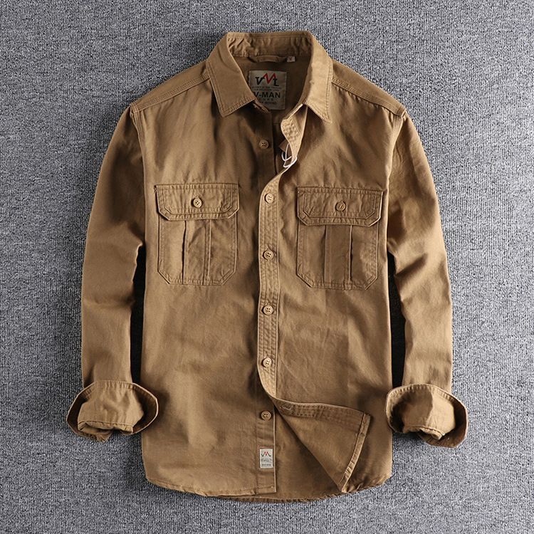 Herrenbekleidung, Arbeitskleidung, Hemdjacke mit mehreren Taschen, schlicht, verwaschen, im Used-Look, vielseitiges Langarmhemd, lässige Oberteile_voghion.com