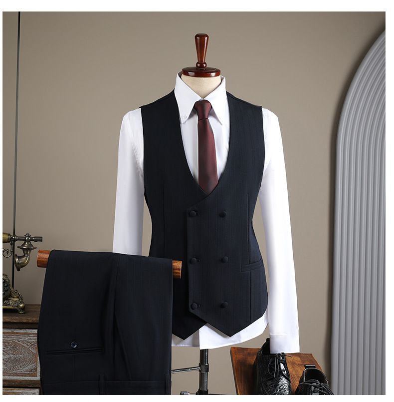 Herenkleding Premium Double-Breasted gestreepte pakset - Formeel en casual bruiloft smoking, zakelijke blazer met vest opties (bruin, marineblauw, zwart)_voghion.com