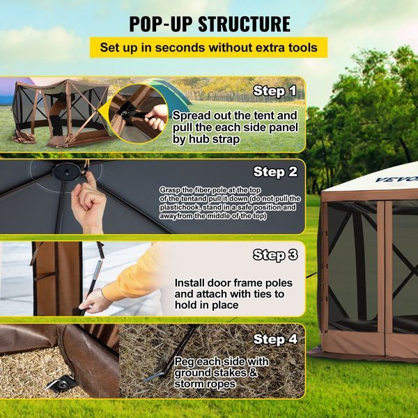 Camping Gazebo Tent, 10'x10', 6 Sided Pop-up Canopy Screen Tent For 8 Person Camping, Waterproof Screen Shelter W/Portable Storage Bag, Ground Stak_voghion.com