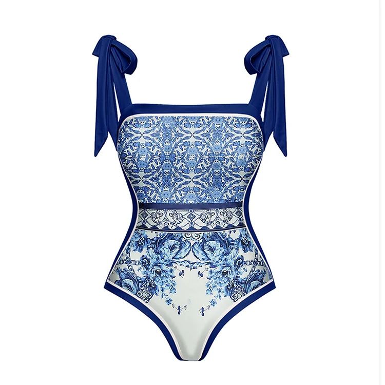 Maillot de bain une pièce bleu à imprimé ethnique et bretelles à nœud pour femme_voghion.com