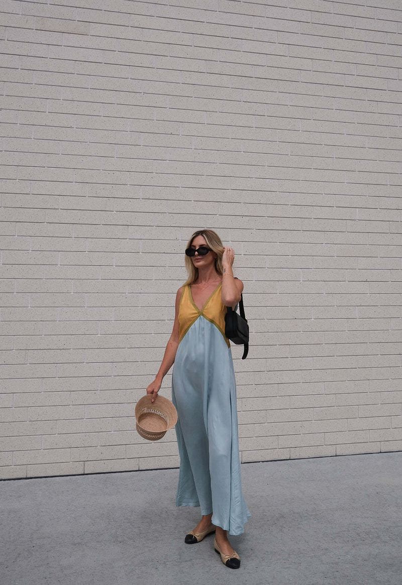Button Printed Fashion V-neck Sleeveless Color Block Rayon Flared 2024 Spring Summer New Loose Dress Resistant Dress_voghion.com