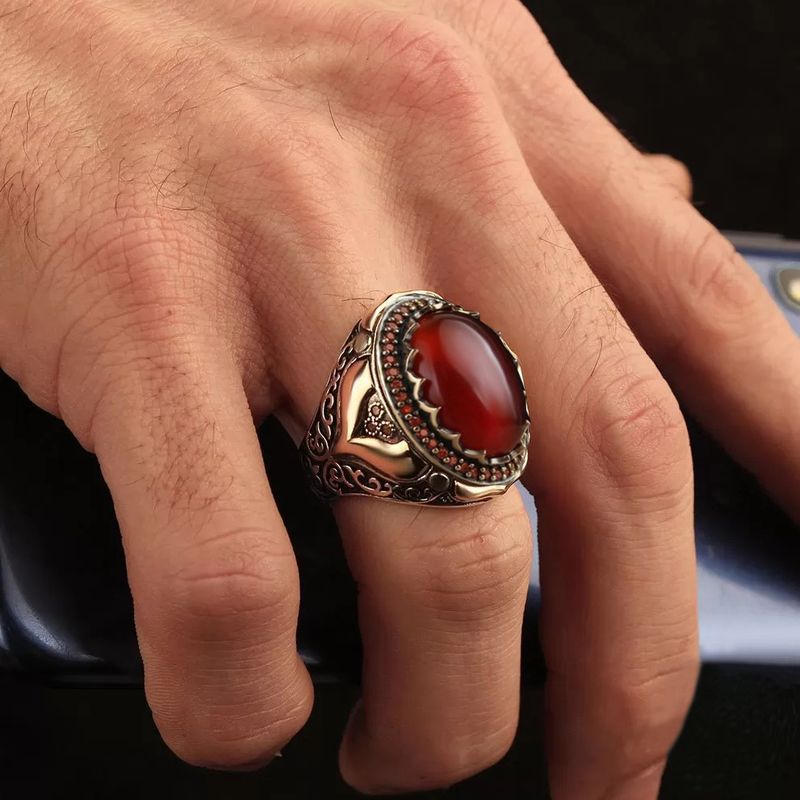 Anelli con sigillo turco arabo mediorientale fatti a mano alla moda per uomo, anello antico in argento color granato rosso, anello da sposa_voghion.com