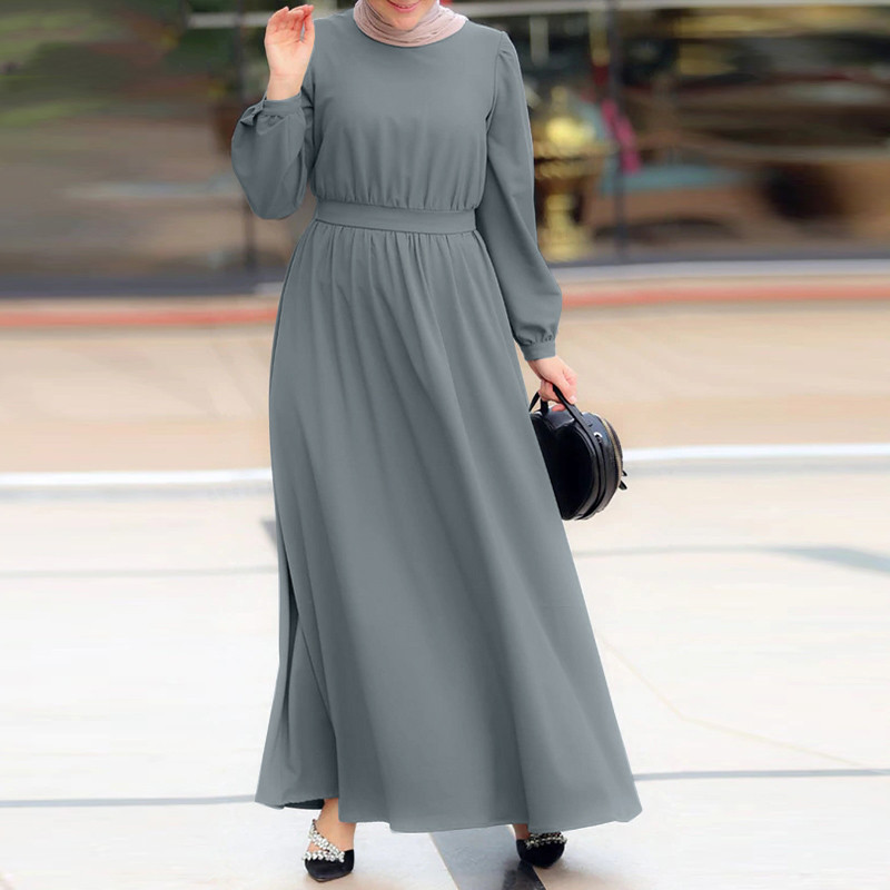 Damska długa sukienka z długim rękawem w jednolitym kolorze muzułmańska szata maxi Elegancka islamska odzież Szata kobieca turecka sukienka_voghion.com
