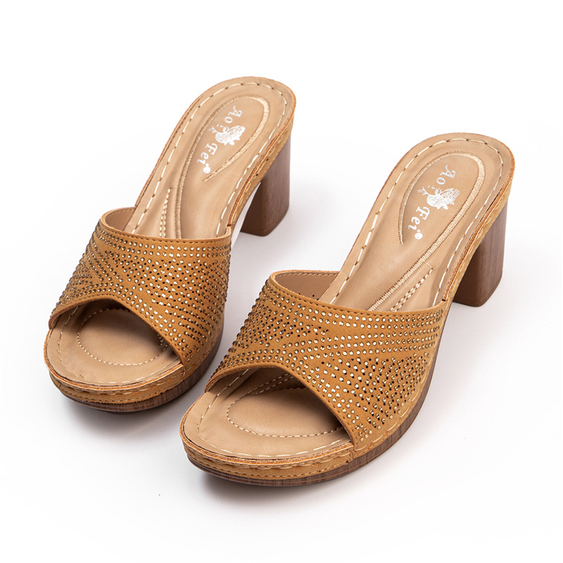 Damen-Sandalen mit Absatz 2024, lässig, mit hohem Wasserstand, Diamanten, dicker Absatz, große Größe_voghion.com