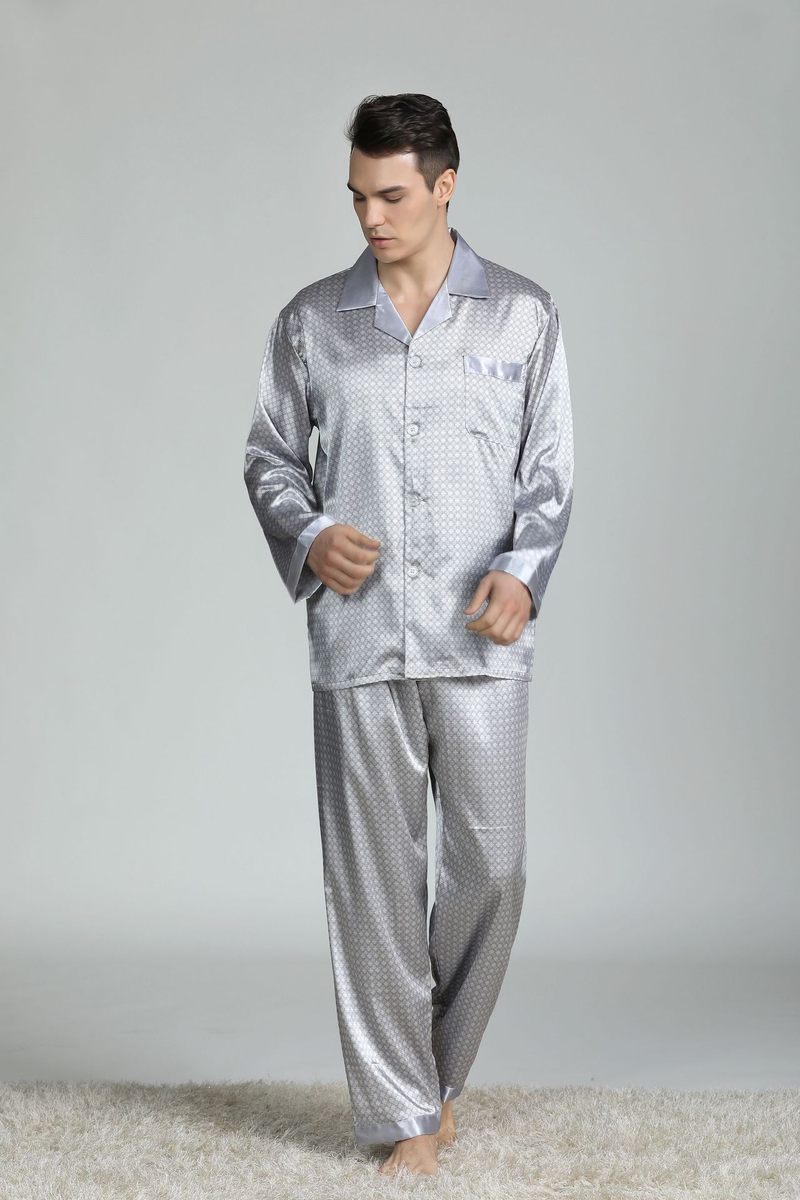 Pijama de seda estampado masculino, manga comprida, roupas para casa de tamanho grande, pijama de verão de seda gelada_voghion.com