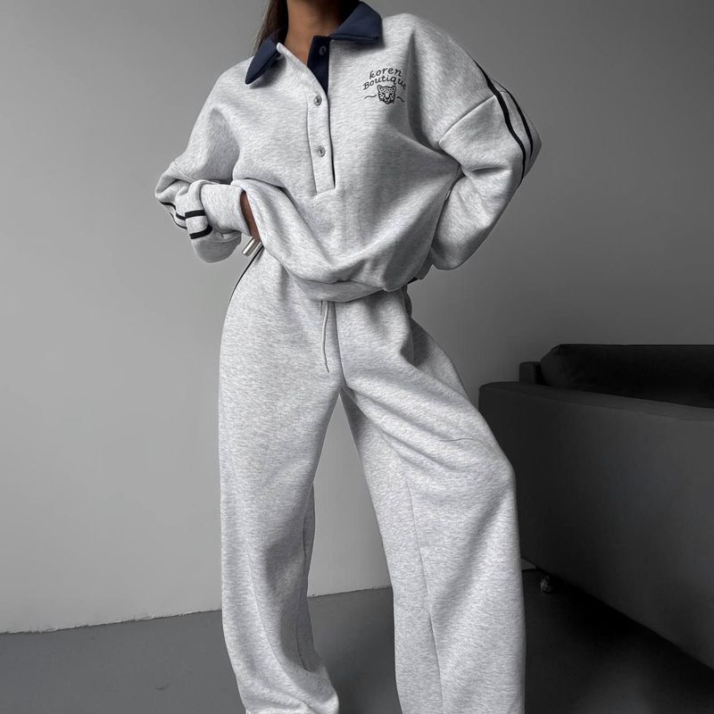 "Oversized Collar Hoodie & Wide-Leg Pants Set For Women - Stripe Color-Block Lounge Wear, Fleece-Lined Sweatshirt With Matching Joggers"_voghion.com