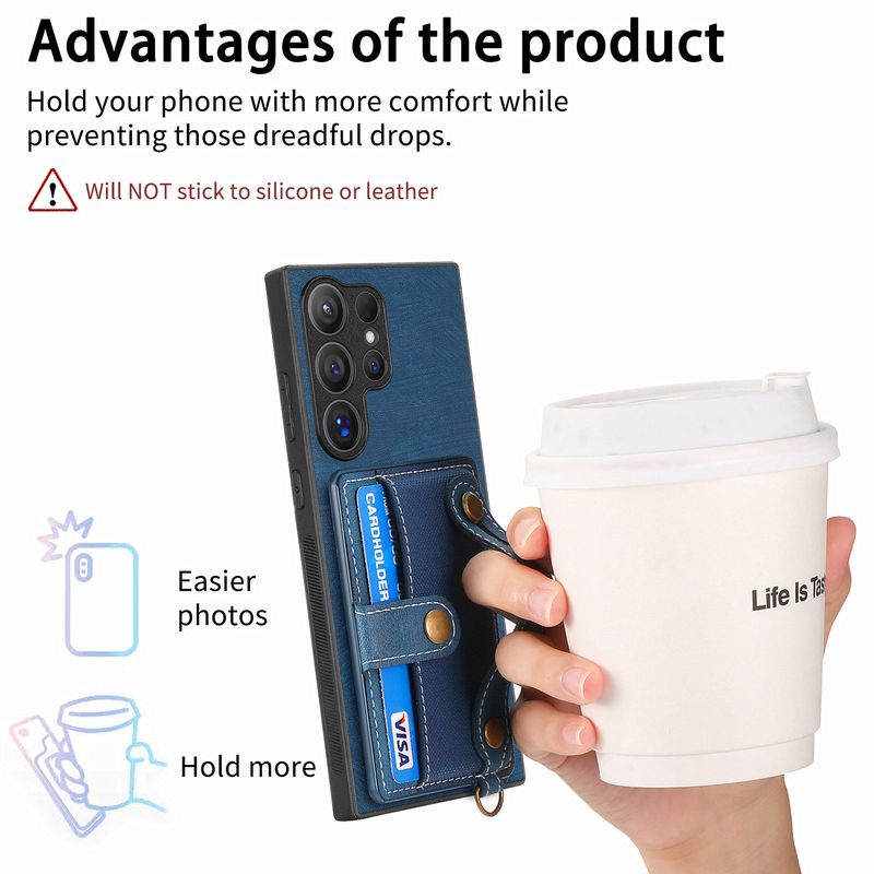 TechGlobe Cross-Border Suitable For Samsung S25 Ultra Retro Wrist Strap Phone PU Leather Card Slot Coin Protective Case_voghion.com