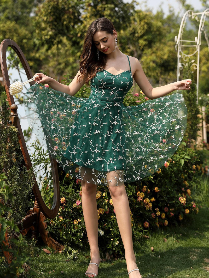 Damen V-Ausschnitt, besticktes Blumen-Mesh-Kleid, Abendkleid, Partykleid, Brautjungfernkleid, Abschlussballkleid_voghion.com