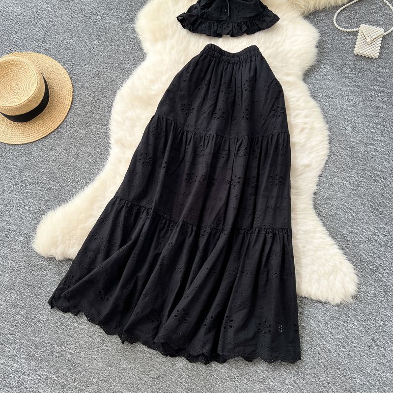 Stile di abbigliamento femminile, completo per donna, camicia con maniche a sbuffo, scollo quadrato in vita, gonna traforata ricamata, stile festivo._voghion.com
