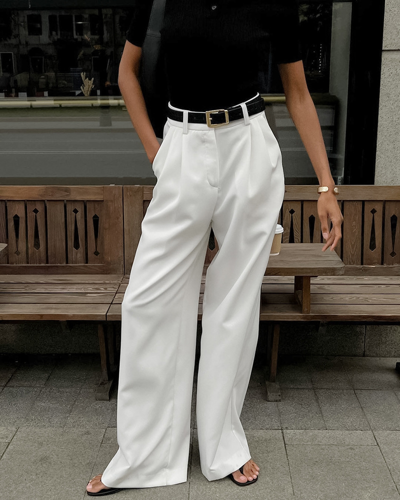 Damenbekleidung Weiße Hose mit hoher Taille und weitem Bein, Temperament, Pendeln, All-Match-Hose_voghion.com