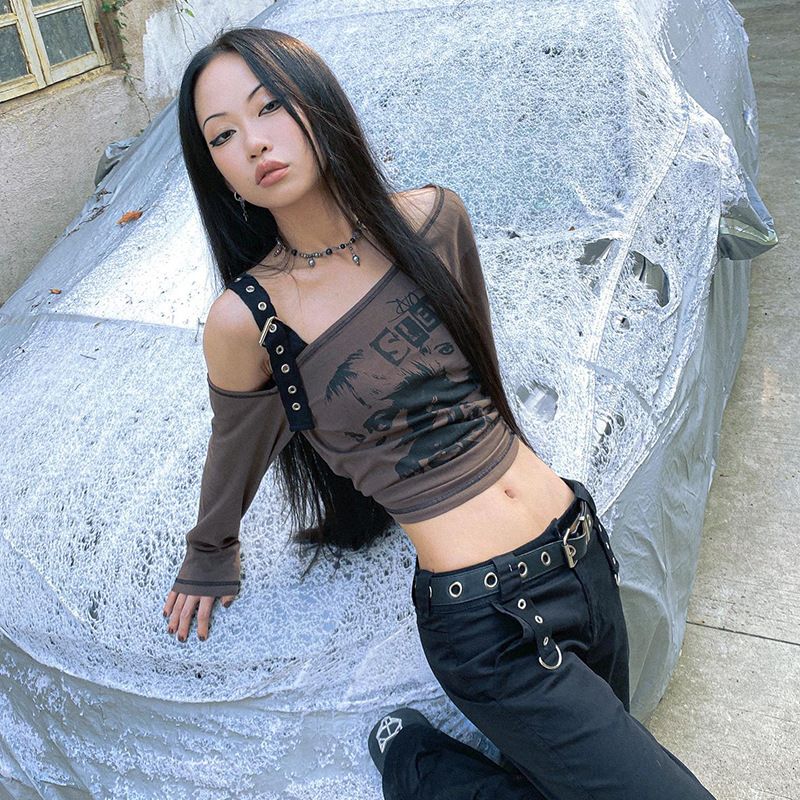 M22TP5482024 Haut imprimé Ceinture Boucle Sangle Épaule diagonale Un seul côté Manches 7/4 Vêtements pour femmes_voghion.com