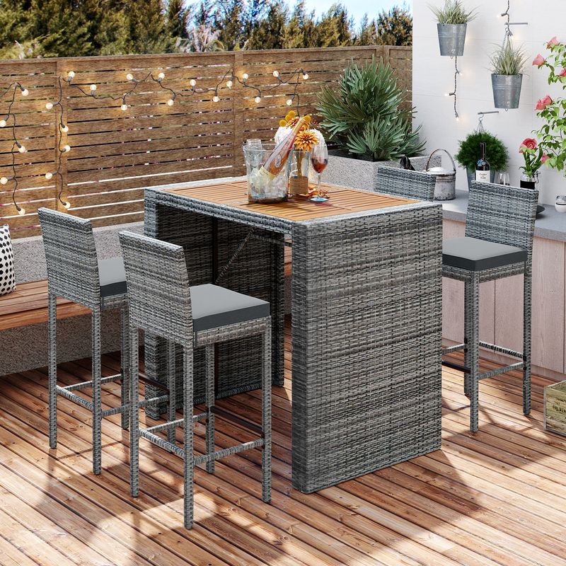 5-pieces Outdoor Patio Wicker Bar Set, Bar Height Chairs With Non-Slip Feet And Fixed Rope, Removable Cushion, Acacia Wood Table Top_voghion.com