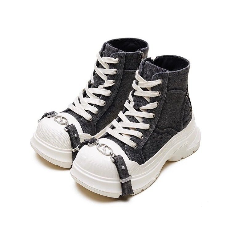 Versatile Casual High-top Martin For Women, Thick-soled Height-increasing Early Autumn New Lace-up Denim Canvas Shoes_voghion.com