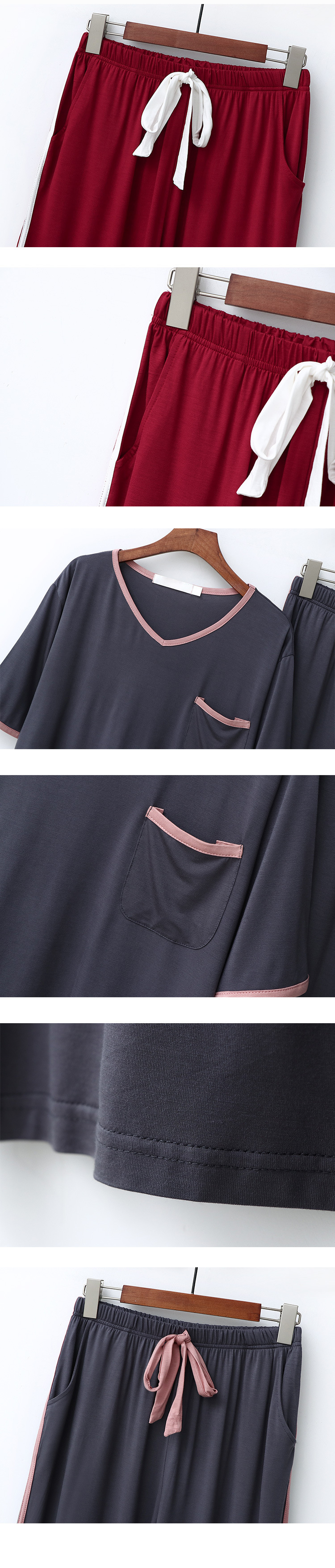 Women's clothing women's pajamas women's suit modal V-neck short-sleeved nine-point pants simple and comfortable loose home clothes for women_voghion.com