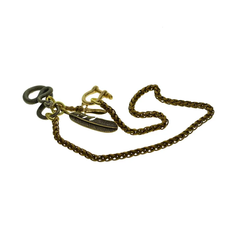 Portachiavi con gancio a forma di serpente in ottone massiccio, per pantaloni da motociclista, con catena, teschio, pugnale, piuma, regalo Edc 250430_voghion.com