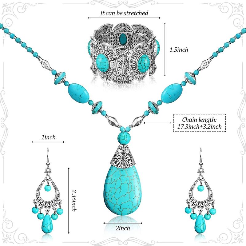 Jewelry Sets Bohemian Vintage Turquoise Necklace Bracelet Earring Set_voghion.com