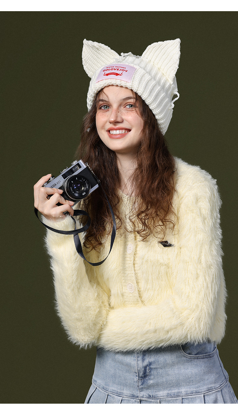 Cappello lavorato a maglia da donna autunno e inverno caldo protezione per le orecchie simpatico cartone animato gatto orecchio cappello pullover in lana marchio di moda_voghion.com