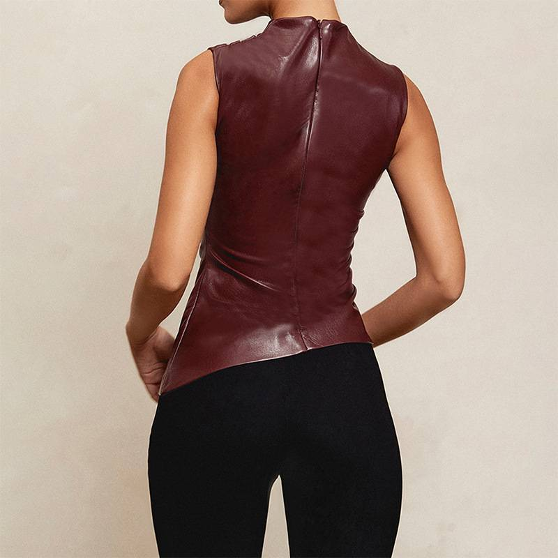 Gtpdpllt PU Leather Tank Top High Fashion Asymmetrical Ruched Sleeveless Blouse Winter Sexy T Shirt For Women Y2K Clothes_voghion.com