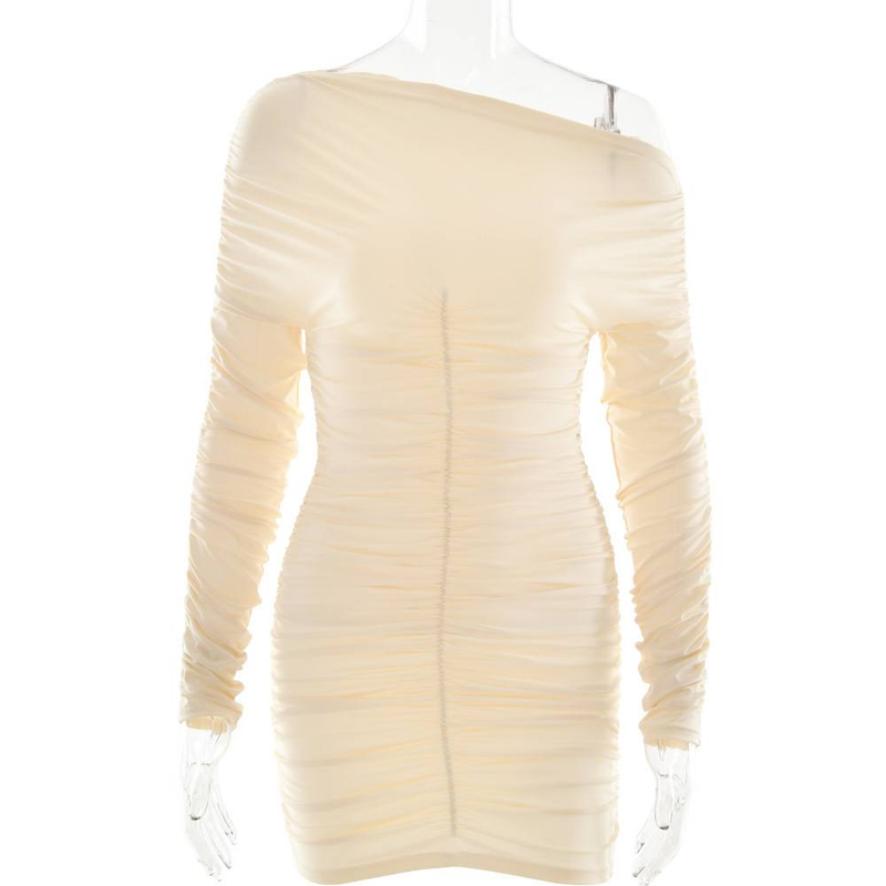 Inclined Shoulder Long Sleeve Sexy Mini Dress For Women Autumn New Fashion Backless Ruched Bodycon Party Sexy Dress_voghion.com