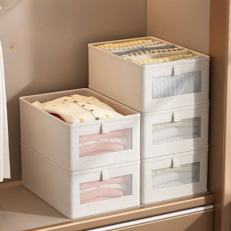 Familieorganizer Grote stoffen opbergdoos Opvouwbare kledingorganizer met transparant venster Ademend linnen_voghion.com
