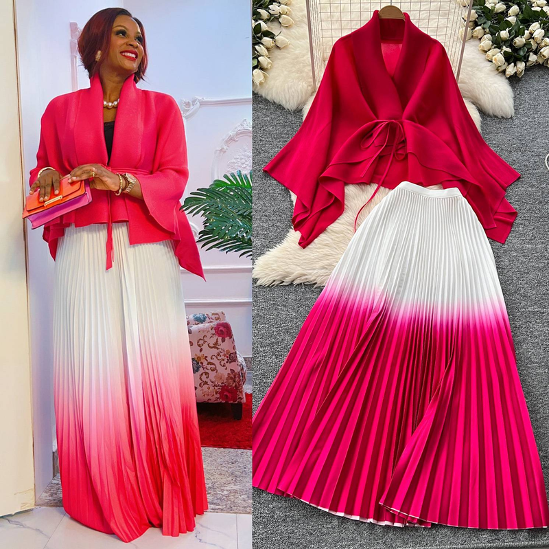 Ruffled Butterfly Sleeve Gradient Tie Cape Short Coat Top + Gradient Pleated Skirt Two-piece Suit_voghion.com
