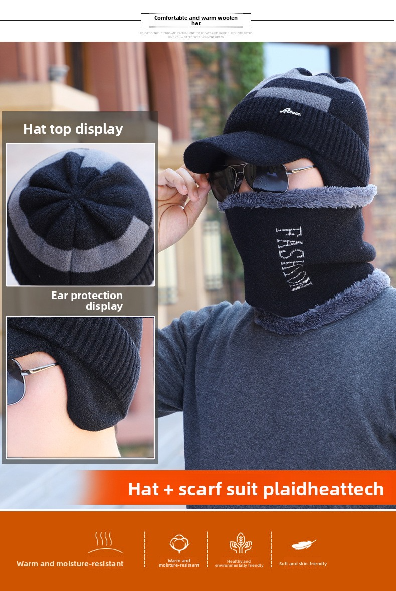Set di cappello invernale da uomo con paraorecchie e scaldacollo - Berretto in maglia spessa con fodera in pile per ciclismo e pesca_voghion.com