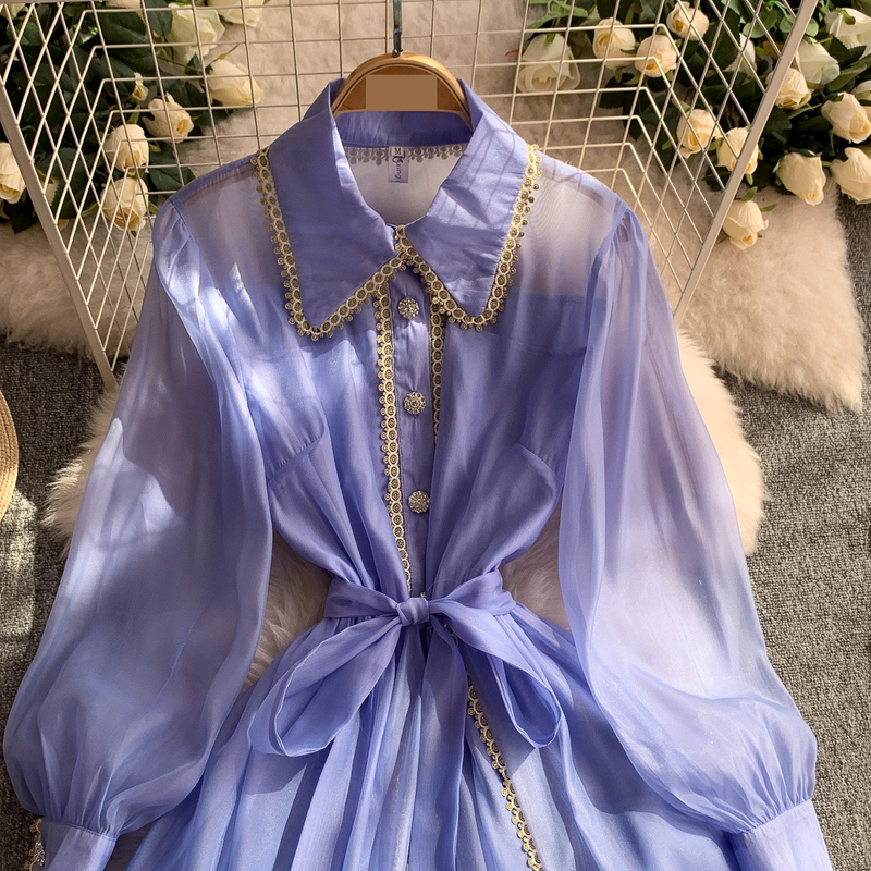 Abito elegante da donna con colletto in pizzo e maniche a lanterna - Abito estivo midi a trapezio con vita alta e bottoni sul davanti (blu/bianco/rosa)_voghion.com