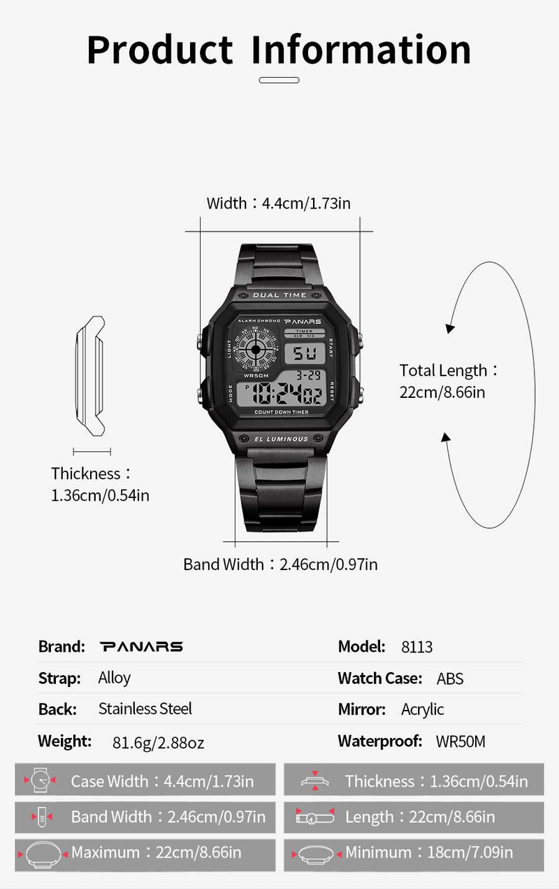 Men's Retro Punk Square Digital Watch With 50m Waterproof, Stainless Steel Band & LED Display - Classic Unisex Fashion Watch For Street Style_voghion.com