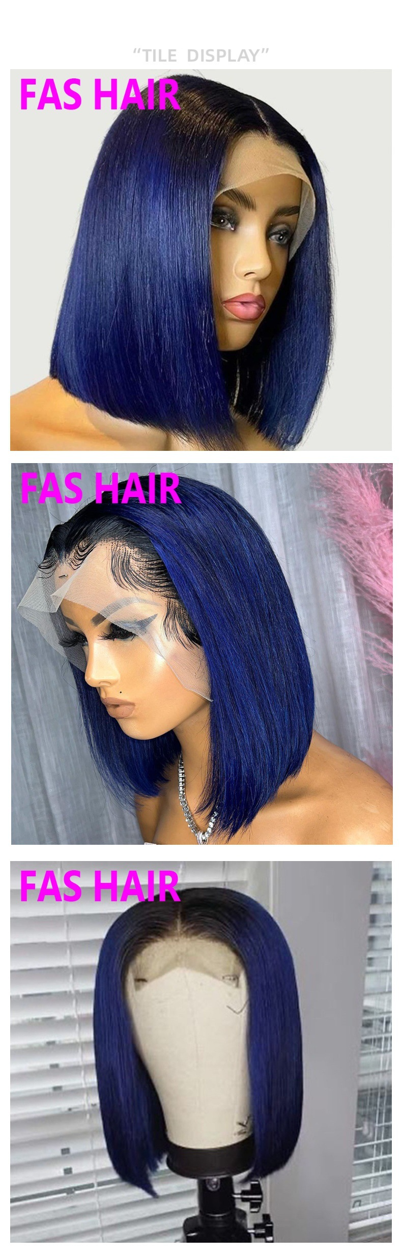 Peluca de cabello humano azul ombré, corte bob liso, T1B/azul, 100 % brasileño virgen, Remy, encaje frontal HD 13x4, nudos decolorados y línea de cabello natural._voghion.com