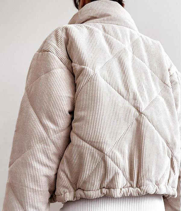 Giacca in velluto a coste con collo alto – Cappotto leggero in poliestere trapuntato con cerniera frontale (S-XXXL, beige)_voghion.com