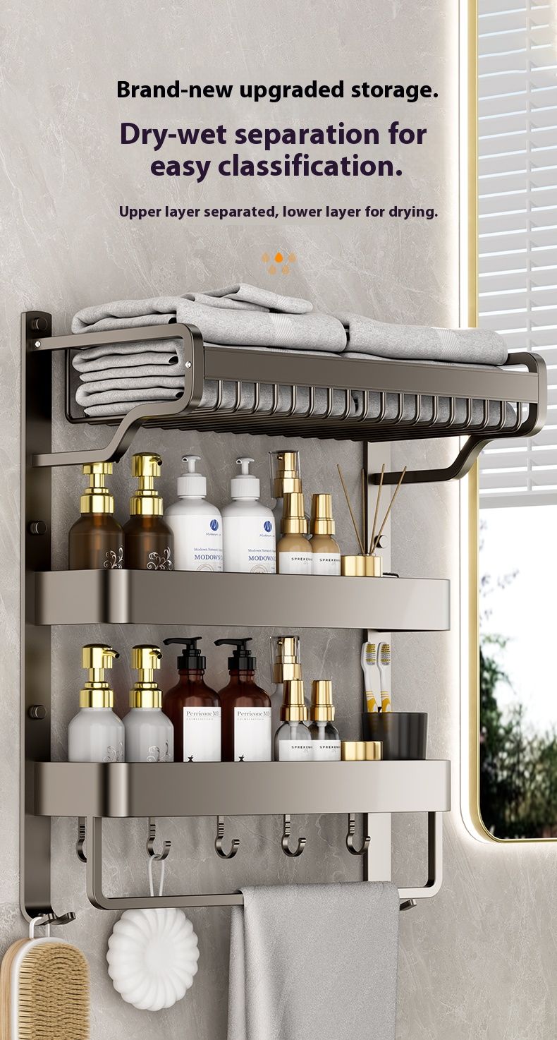 Space Aluminum Bathroom Towel Rack – No Drill Wall Mount With Shelf, Rustproof & Waterproof Organizer For Shower, Toilet, And Laundry Room_voghion.com