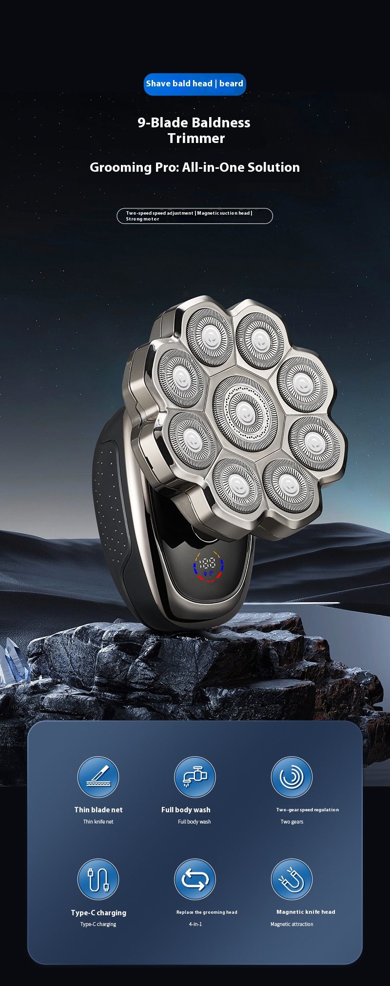 9-Blade Rotary Electric Shaver - IPX7 Waterproof, LED Display, USB Rechargeable, Low Noise 46dB, Floating Heads For Bald_voghion.com
