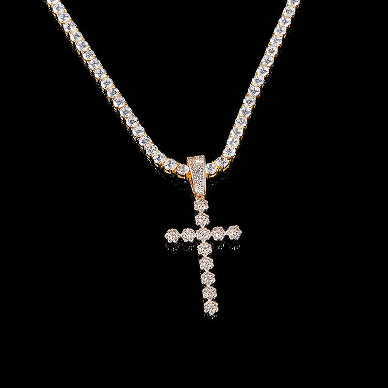 Collana con catena Hip Hop, ciondolo a croce con zirconi cubici di grandi dimensioni da donna, in oro e oro bianco, misure da 16 a 24 pollici._voghion.com