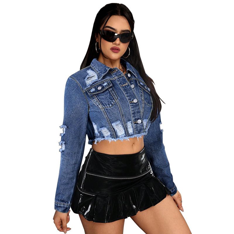 218753 Women's New Denim Fashion Style Ripped Fringe Top Jacket_voghion.com