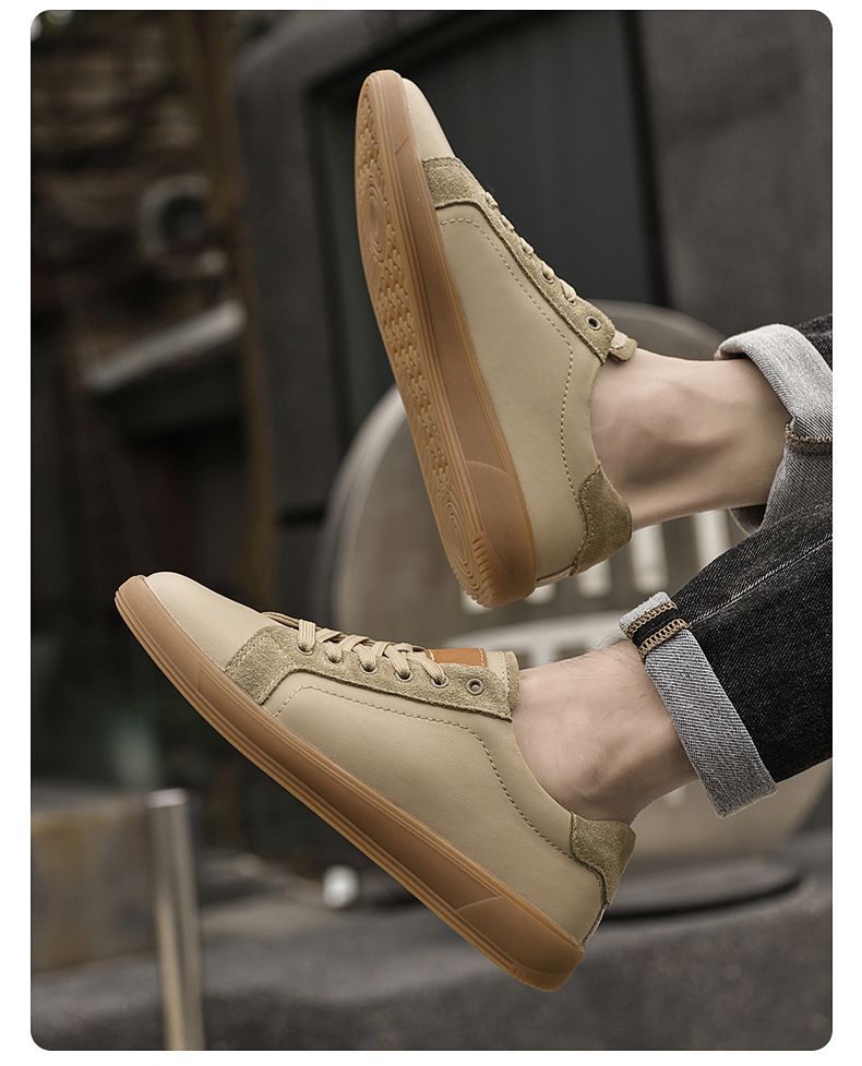 Herren Boardschuhe Flache Trainings-Sneaker Low-Top Leder Rindsleder Oberfläche Freizeitschuhe Rundkopf Schnürschuhe Kleines Leder_voghion.com