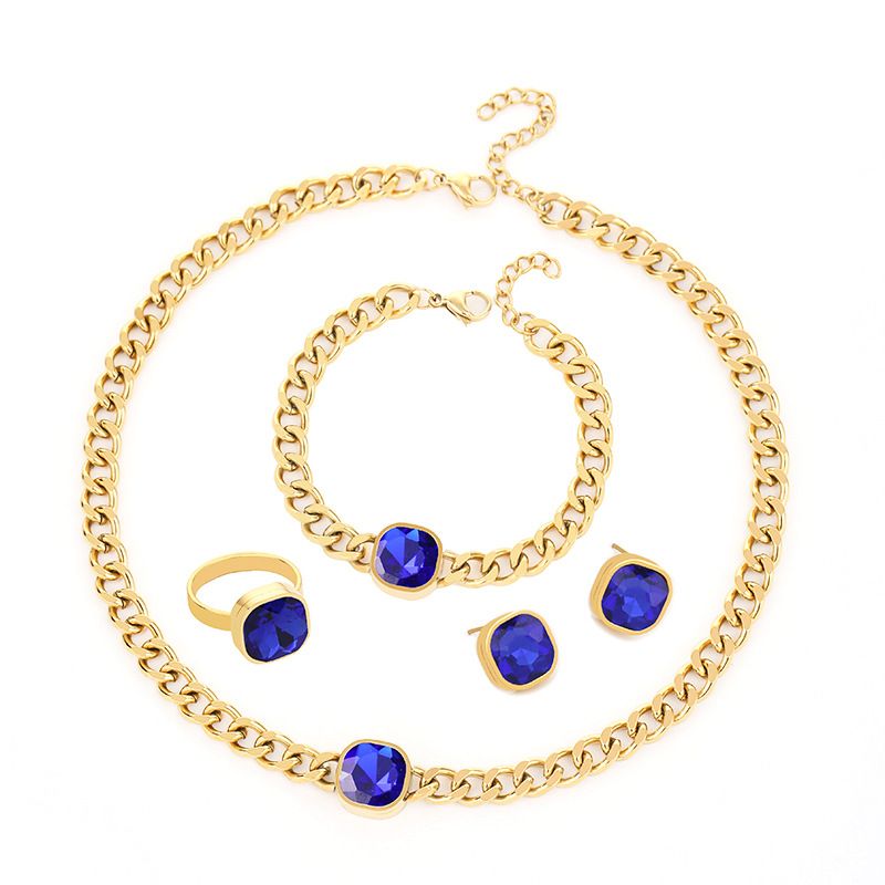 Gute New Trend Cuban Chain Necklace Bracelet Ring Earrings Real Gold Plated Titanium Steel Non-Fading Set_voghion.com