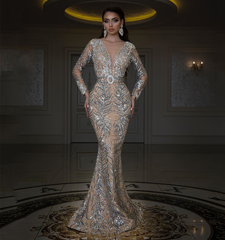 2025 Ny Damklänning Med Guldpläterade Långärmade, Bantande Och Sexig Fisksvansklänning Med Golvdragande_voghion.com